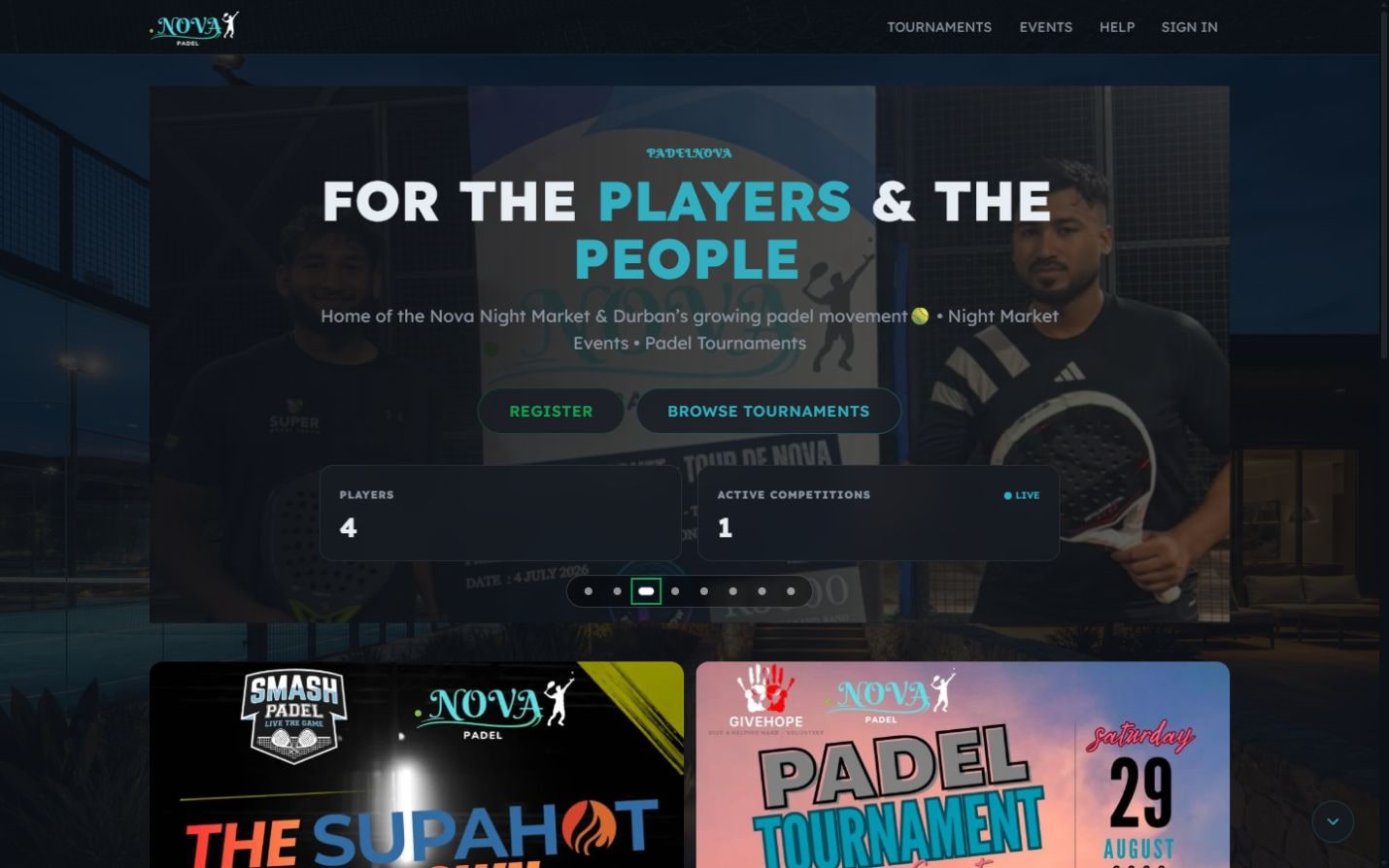 PadelNova public pair-tournament landing page running on EaziLeagues
