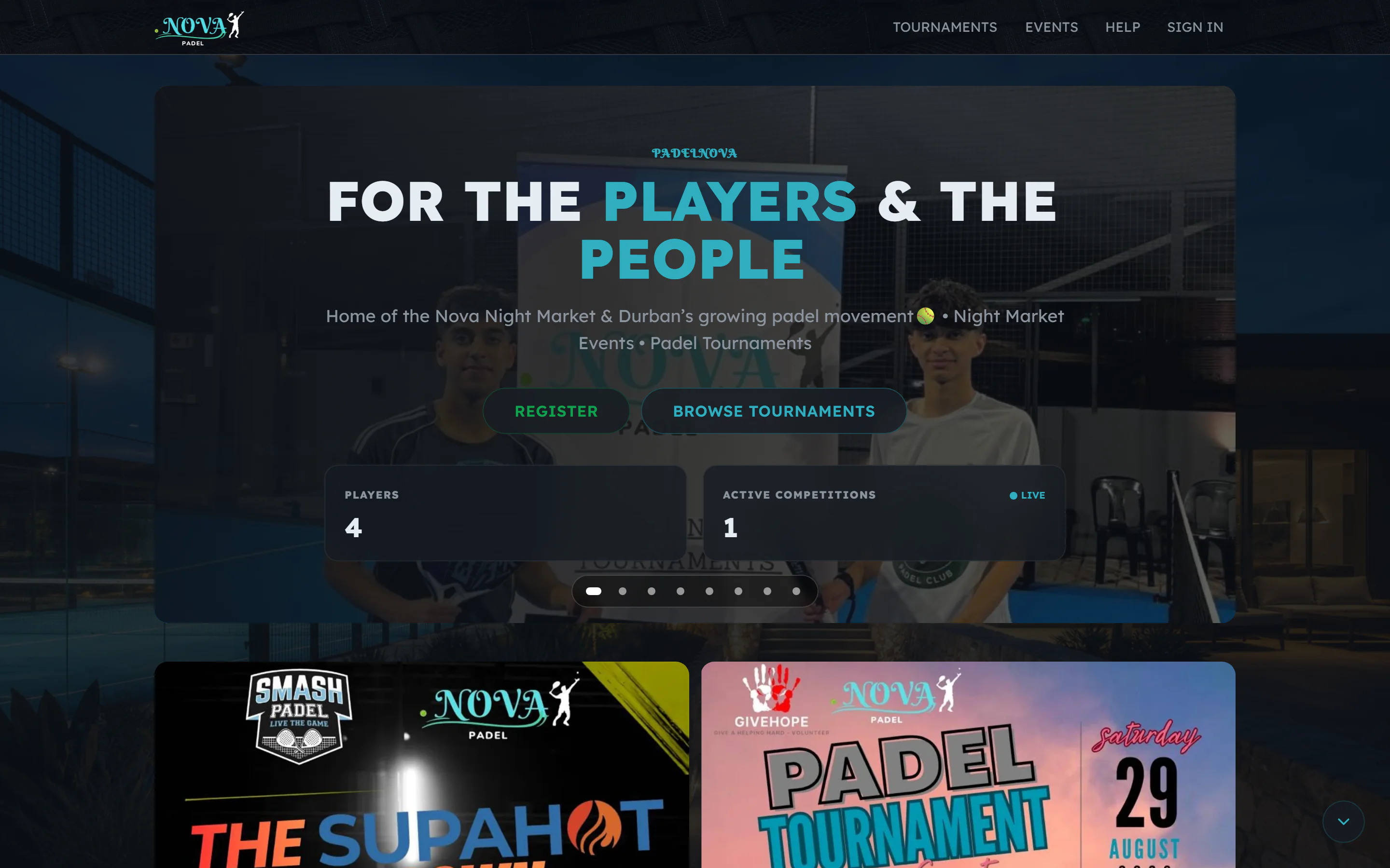 The PadelNova public padel site with tournament entry, live competitions and upcoming events, running on EaziLeagues