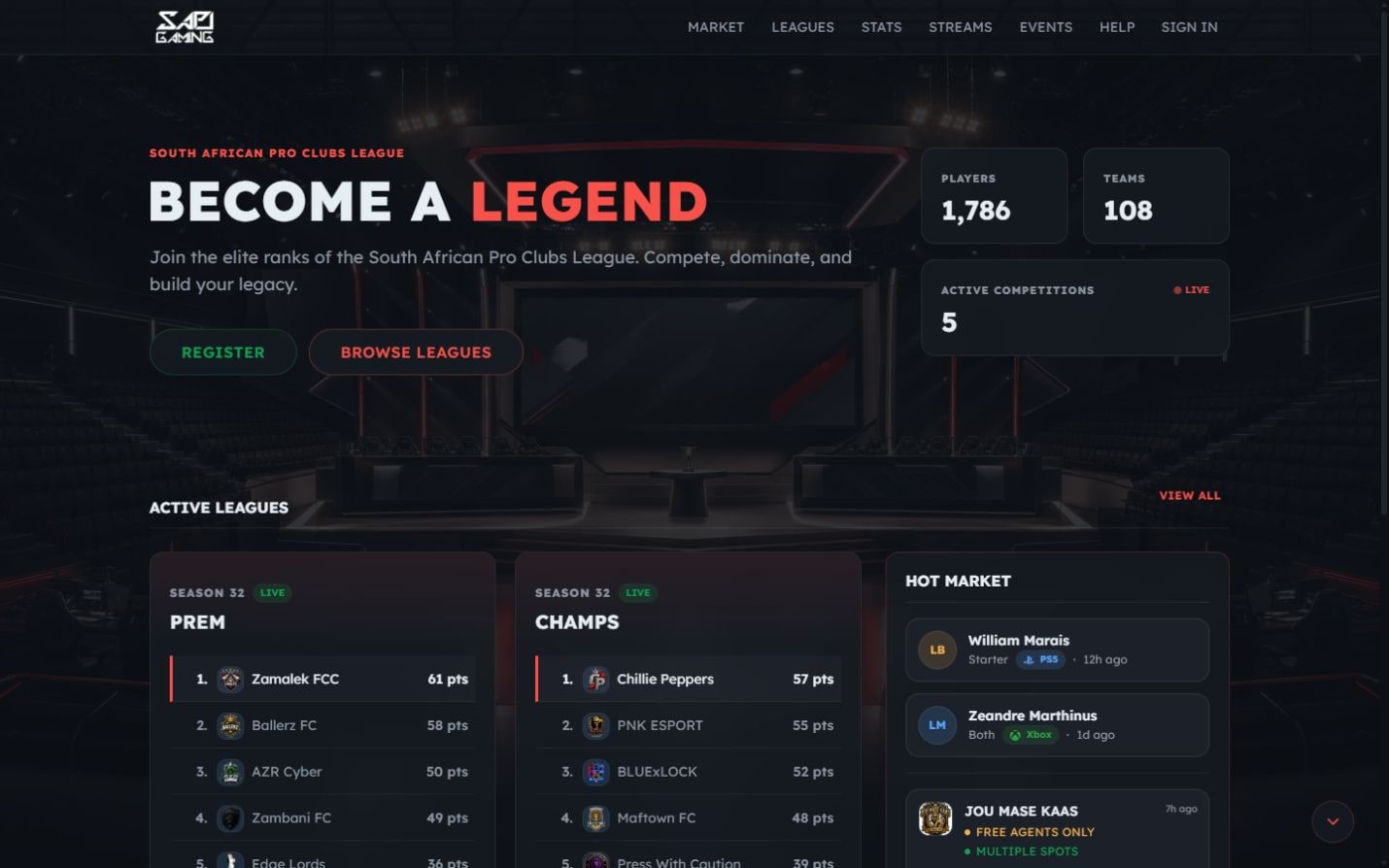 The SAPL public competition landing page running on EaziLeagues